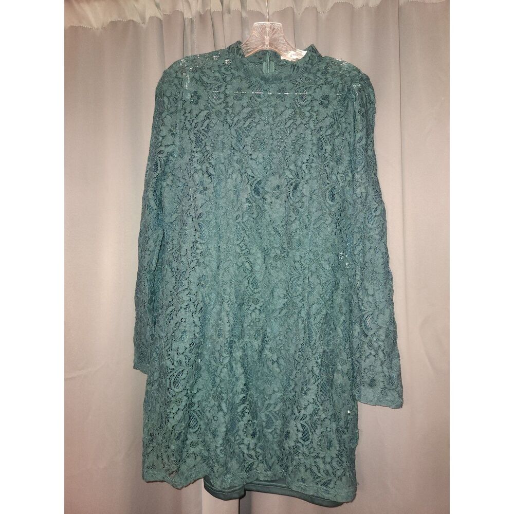 JustFab Women's Size XL Dark Teal Green Floral Lace Mock Neck Long Sleeve Dress